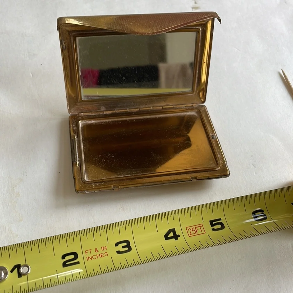 Vintage powder compact case gold tone metal mirror